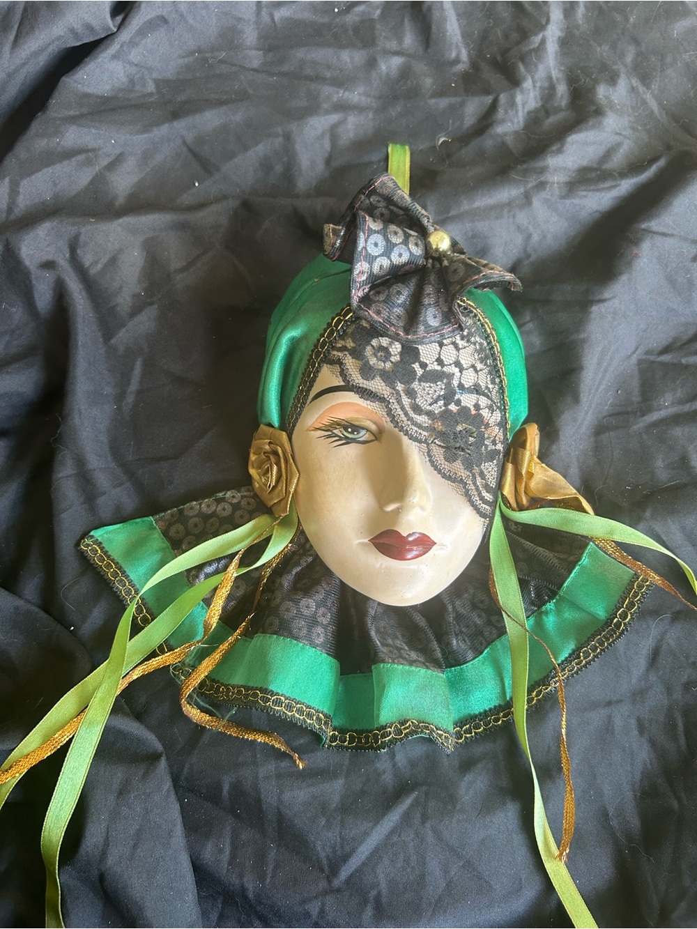 Green porcelain Satin Venetian Mask with Black Lace and Gold Accents